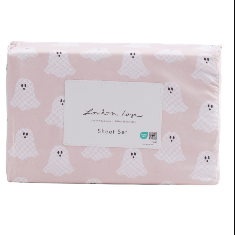 LONDON KAYE Queen Size Checkered Ghosts Halloween Sheet Set